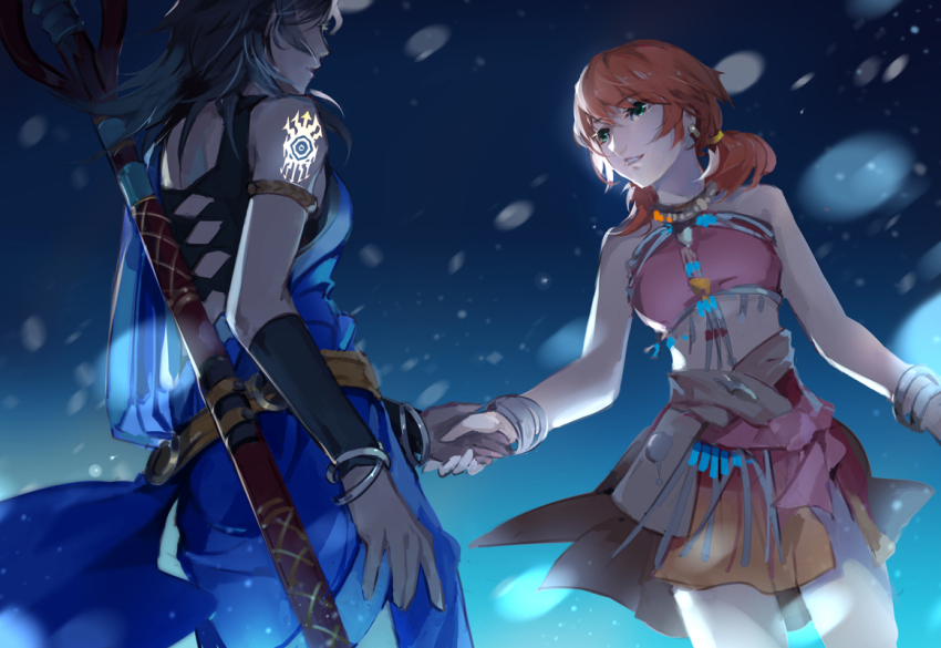 2girls brown_hair cropped_legs derivative_work eye_contact final_fantasy final_fantasy_xiii glowing holding_hands implied_yuri jewelry kumako_(pixiv4171671) l&#039;cie_brand looking_at_another midriff multiple_girls oerba_dia_vanille oerba_yun_fang screenshot_redraw short_twintails silver_bangle sketch skirt smile standing tattoo twintails vambraces weapon weapon_on_back