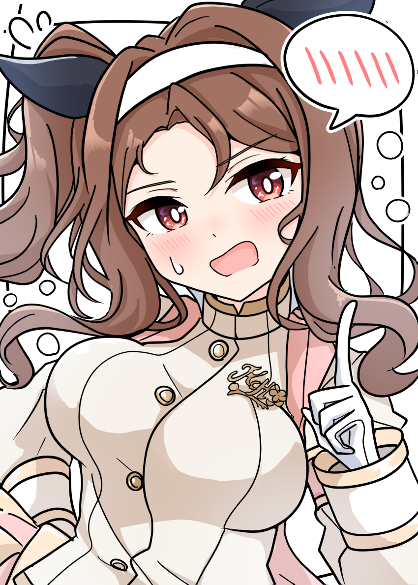 1girl absurdres animal_ears armband arnolddayo blush breasts brown_hair cheerleader ear_covers gloves hairband headband highres horse_ears horse_girl jacket king_halo_(noble_white_cheer_attire)_(umamusume) king_halo_(umamusume) large_breasts long_hair long_sleeves looking_at_viewer official_alternate_costume open_mouth red_eyes solo speech_bubble sweatdrop umamusume upper_body white_gloves white_hairband white_headband white_jacket