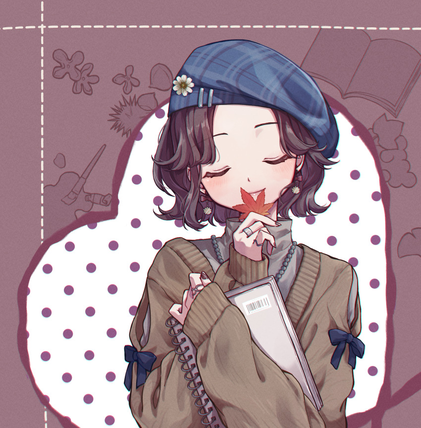 1girl absurdres beret brown_sweater closed_eyes commentary_request hat highres holding holding_leaf holding_notebook leaf maple_leaf medium_hair nagitofuu notebook original parted_bangs smelling solo sweater
