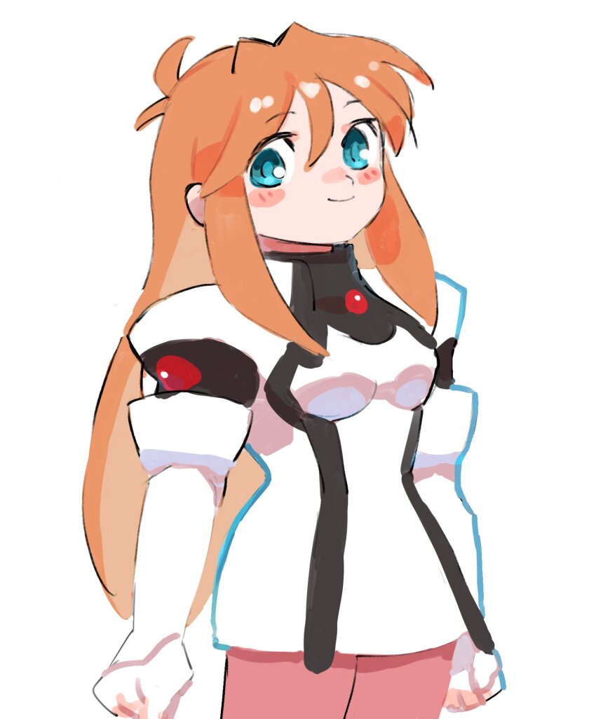 1girl antenna_hair arms_at_sides black_dress blue_eyes blush breasts closed_mouth dress elhaym_van_houten gan2 hair_between_eyes highres legs_together long_hair medium_breasts orange_hair pantyhose pink_pantyhose short_dress smile solo standing two-tone_dress white_dress xenogears