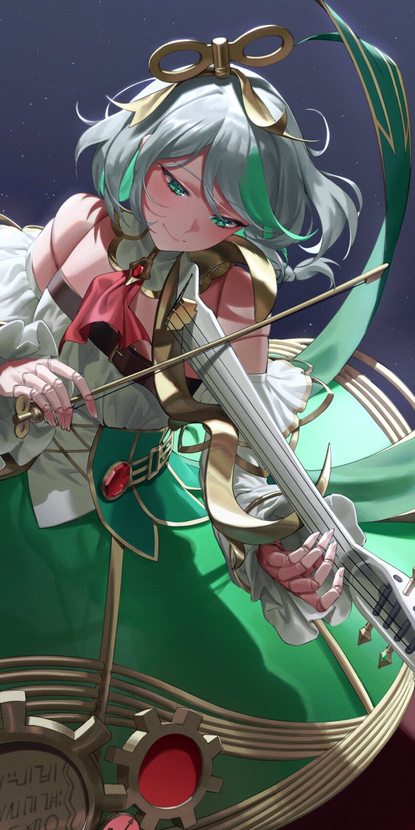 1girl absurdres bow_(music) cecilia_immergreen cecilia_immergreen_(1st_costume) detached_collar detached_sleeves doll_joints dress gears green_dress green_eyes green_hair grey_hair highres holding holding_instrument holding_violin hololive hololive_english instrument jeong_jje joints multicolored_hair music playing_instrument strapless strapless_dress streaked_hair violin virtual_youtuber winding_key