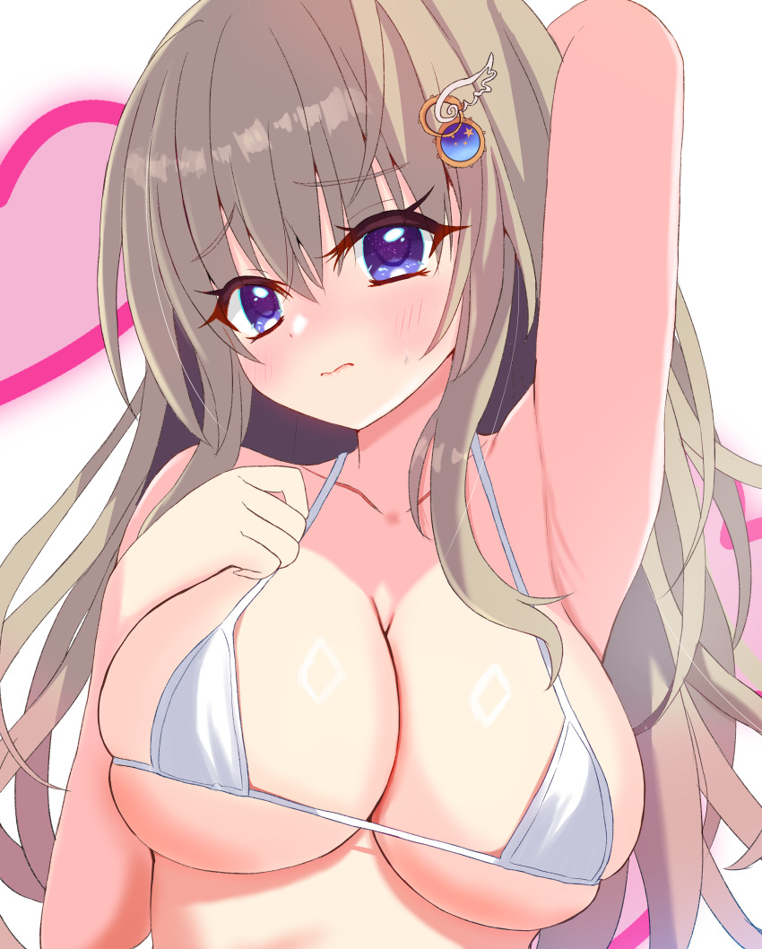 1girl 3: 9-nine- absurdres alternate_costume arm_behind_head armpits bare_shoulders bikini blue_eyes blush breast_suppress breasts brown_hair cleavage closed_mouth collarbone commentary_request eyelashes eyes_visible_through_hair frown furrowed_brow gear_hair_ornament hair_between_eyes hair_ornament halterneck hand_up heart highres kujou_miyako large_breasts long_hair looking_at_viewer micro_bikini partial_commentary presenting_armpit sakuratoru sidelocks simple_background skindentation solo star_(symbol) star_print sweatdrop swimsuit upper_body white_background white_bikini wing_hair_ornament