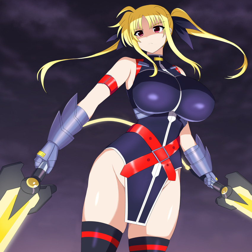 1girl armored_gloves bardiche_(nanoha) bardiche_(weapon) black_thighhighs blonde_hair breasts energy_sword fate_testarossa fate_testarossa_(true_sonic_form) gauntlets gloves hair_ribbon highres holding large_breasts long_hair lyrical_nanoha mahou_shoujo_lyrical_nanoha mahou_shoujo_lyrical_nanoha_strikers no_panties polearm red_eyes ribbon solo sumiboshi_(zatsuha) sword thighhighs twintails very_long_hair weapon