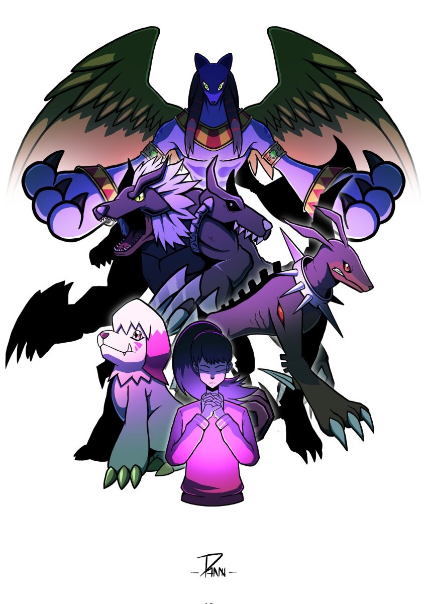 anubimon cerberumon closed_eyes digimon digimon_survive dobermon dog evolutionary_line highres labramon shibuya_aoi simple_background white_background
