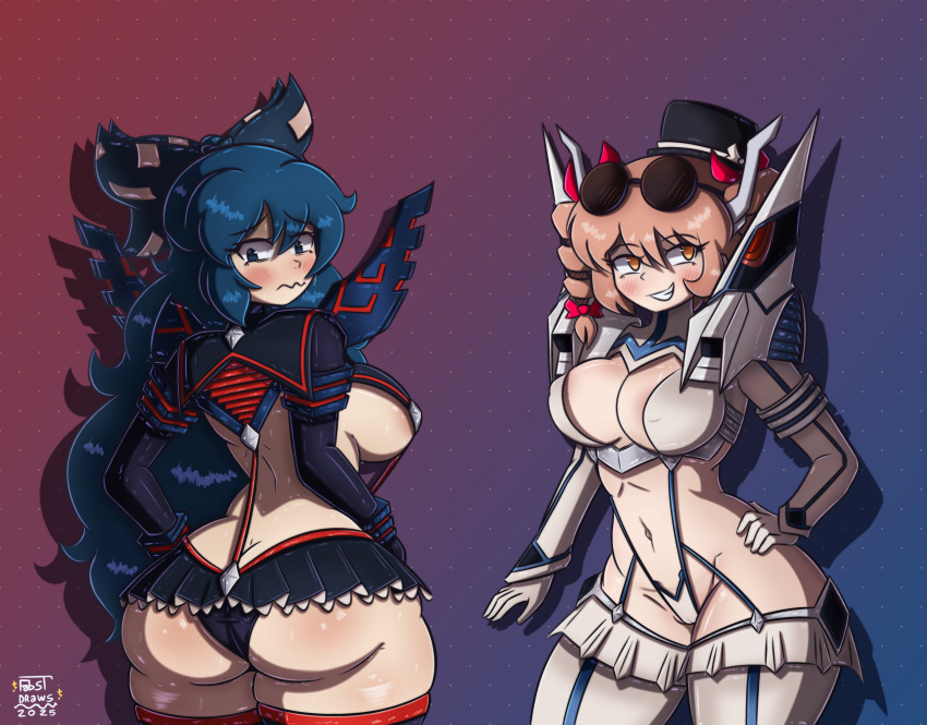 2girls absurdres ass blue_hair blush breasts brown_hair butt_crack cameltoe cleavage_cutout clothing_cutout cosplay covered_erect_nipples drill_hair elfabienst hair_ribbon hand_on_own_hip hat highres huge_ass junketsu kill_la_kill kiryuuin_satsuki kiryuuin_satsuki_(cosplay) large_breasts long_hair matoi_ryuuko matoi_ryuuko_(cosplay) multiple_girls navel ribbon senketsu siblings sisters smile sunglasses top_hat touhou yorigami_jo&#039;on yorigami_shion