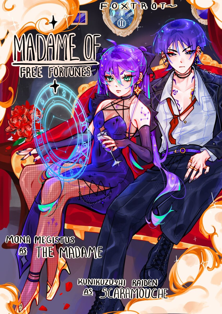 1boy 1girl ahoge alcohol alternate_costume alternate_universe aqua_eyes aqua_hair arm_tattoo artist_name belt black_boots black_choker black_jacket black_nails black_pants black_shoes black_sleeves blunt_ends blush boots bow breast_pocket breasts chain character_name chest_tattoo choker closed_mouth collarbone collared_shirt contemporary couch crescent_tattoo cross-laced_clothes cross-laced_dress cup curtains detached_sleeves dress dress_shirt ear_piercing earrings eyebrow_piercing eyelashes eyeliner eyeshadow fake_poster fishnet_pantyhose fishnets flower formal_clothes foxtrot_(foxtrot_xx) fur_shawl genshin_impact glass gold gold_buckle gold_ring gold_shoes hair_between_eyes hair_bow hair_intakes high_heels highres holding holding_cup jacket jewelry lace-up_boots lapels layered_sleeves long_hair long_sleeves looking_at_viewer loose_necktie makeup mirror mitsudomoe_(shape) mona_(genshin_impact) multicolored_hair multiple_rings necktie on_couch open_clothes open_jacket pants pantyhose pentagram piercing pink_lips pocket purple_belt purple_dress purple_eyes purple_hair purple_nails purple_sleeves red_eyeliner red_eyeshadow red_flower red_necktie red_petals ring roleplay scaramouche_(genshin_impact) shawl shirt shoes short_eyebrows sidelocks sitting small_breasts star_(symbol) star_earrings star_print streaked_hair suit_jacket table tattoo tomoe_(symbol) twintails v-shaped_eyebrows white_shirt white_sleeves wine