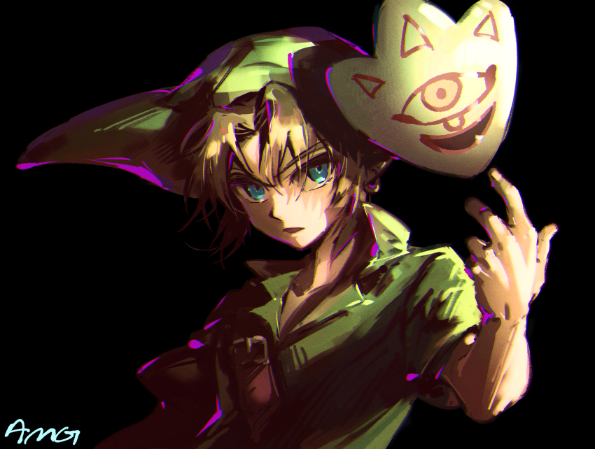 1boy amalgam4242 black_background blonde_hair blue_eyes green_hat green_tunic hat highres link looking_at_viewer male_focus mask mask_of_truth nintendo open_mouth pointy_ears pointy_hat short_hair short_sleeves shoulder_belt signature solo the_legend_of_zelda the_legend_of_zelda:_majora&#039;s_mask tunic unworn_mask upper_body young_link