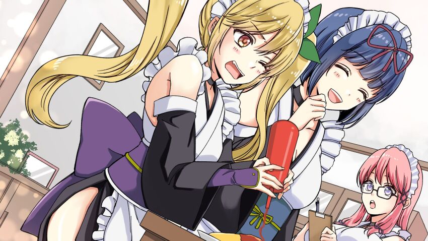 3girls apron arm_guards awami_kisa black_gloves blonde_hair blue_hair brown_eyes closed_eyes detached_sleeves end_card food glasses gloves green_ribbon hair_ornament hair_ribbon highres holding ideura_shizuri_(neet_kunoichi) indoors izumi_hina_(neet_kunoichi) ketchup long_hair maid maid_apron maid_cafe maid_headdress multiple_girls natsumi_kanna_(neet_kunoichi) neet_de_otaku_na_kunoichi_to_naze_ka_dousei_hajimemashita official_art omelet omurice open_mouth pink_hair purple_eyes red_ribbon ribbon short_hair side_slit twintails very_long_hair wide_sleeves x_hair_ornament