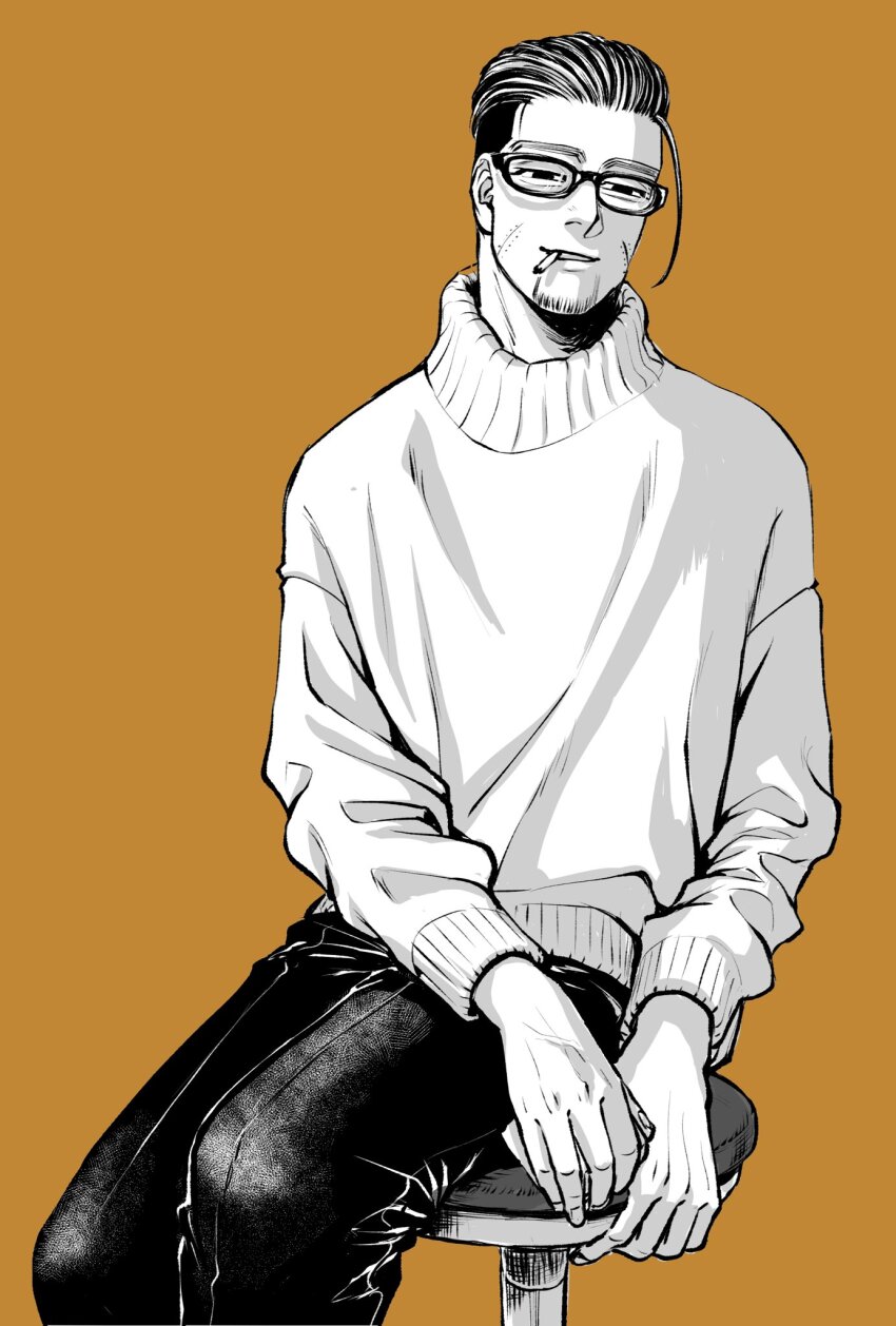 1boy 3kaku_mimi bespectacled casual cigarette facial_hair facial_scar glasses golden_kamuy hair_slicked_back highres long_sleeves looking_at_viewer male_focus monochrome mouth_hold ogata_hyakunosuke orange_background pants scar scar_on_cheek scar_on_face short_hair sitting solo stool stubble sweater