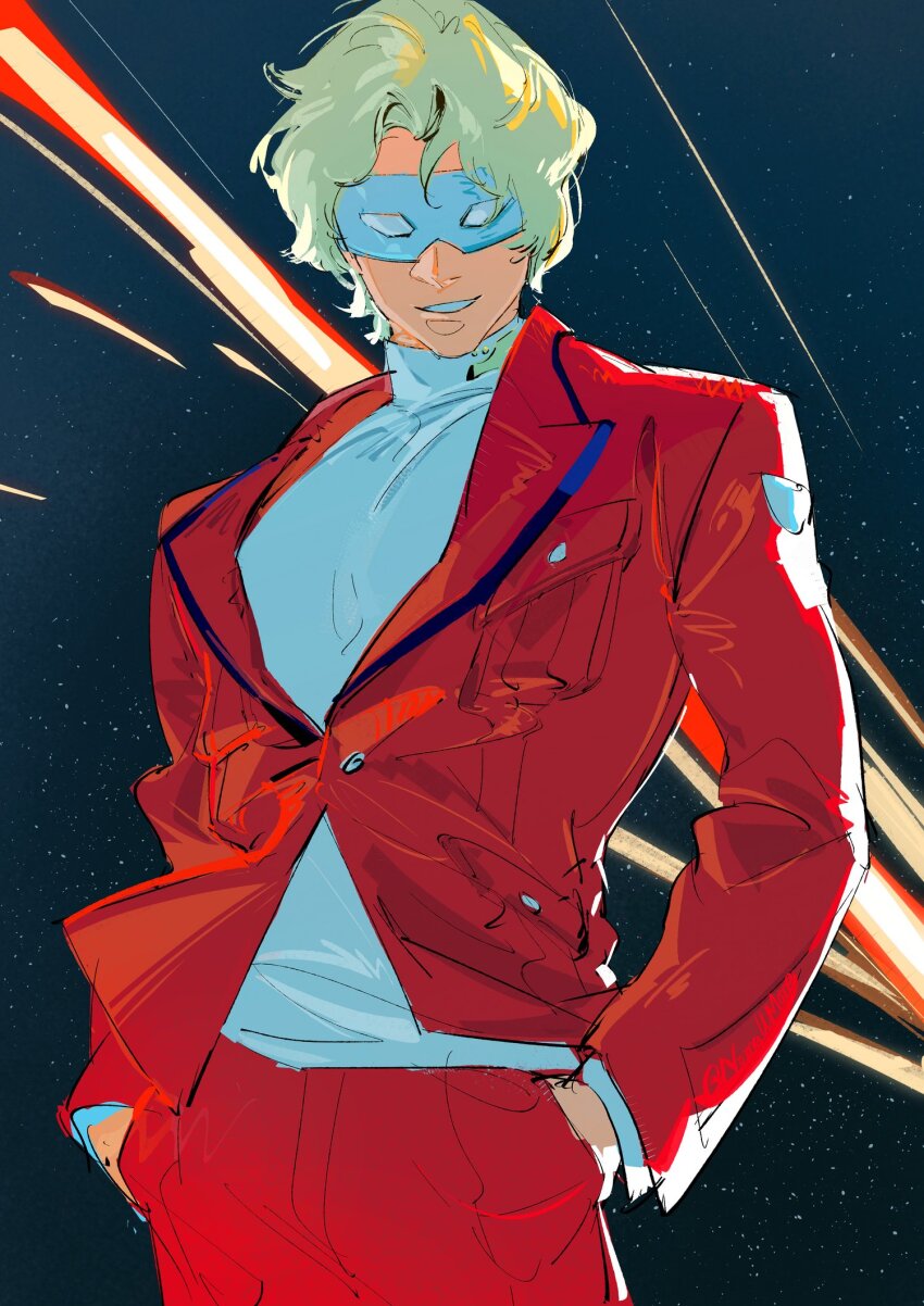1boy blonde_hair char_aznable comet commentary cowboy_shot english_commentary eye_mask gundam hands_in_pockets highres jacket long_sleeves looking_at_viewer male_focus mobile_suit_gundam night night_sky nomaumona open_mouth red_jacket shirt short_hair sky smile solo star_(sky) turtleneck