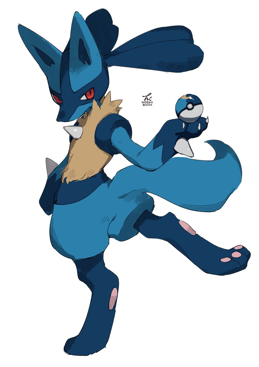 absurdres animal_focus ball blue_fur claws commentary gen_4_pokemon hideko_(l33l3b) highres holding holding_ball holding_poke_ball looking_back lucario moon_ball nintendo no_humans pawpads poke_ball pokemon pokemon_(creature) red_eyes serious signature simple_background spikes standing walking white_background
