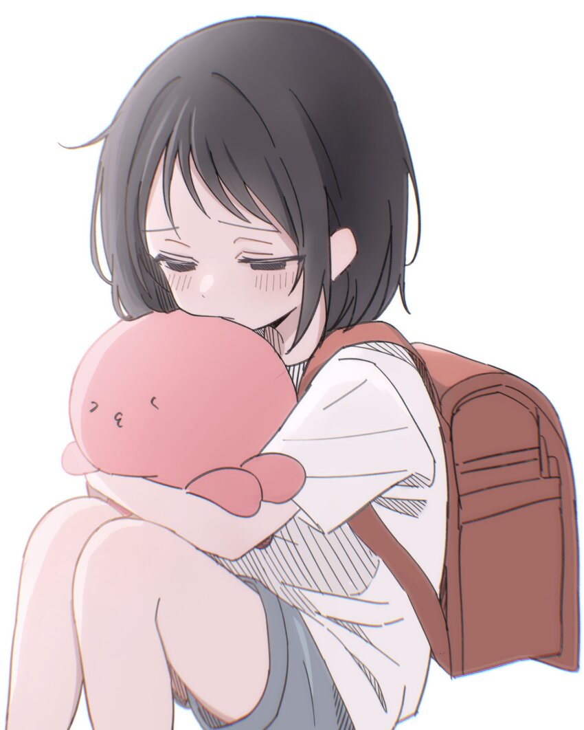 &gt;3&lt; 1girl absurdres animal animal_hug backpack bag black_eyes black_hair bloom blue_shorts blush bob_cut chin_rest closed_mouth commentary_request creature frown head_on_head head_rest highres invisible_chair knees_up kuze_shizuka looking_down no_pupils octopus randoseru red_bag sad shio_(inu_u27) shirt short_bangs short_hair short_shorts short_sleeves shorts sidelighting simple_background sitting t-shirt takopii takopii_no_genzai when_you_see_it white_background white_shirt