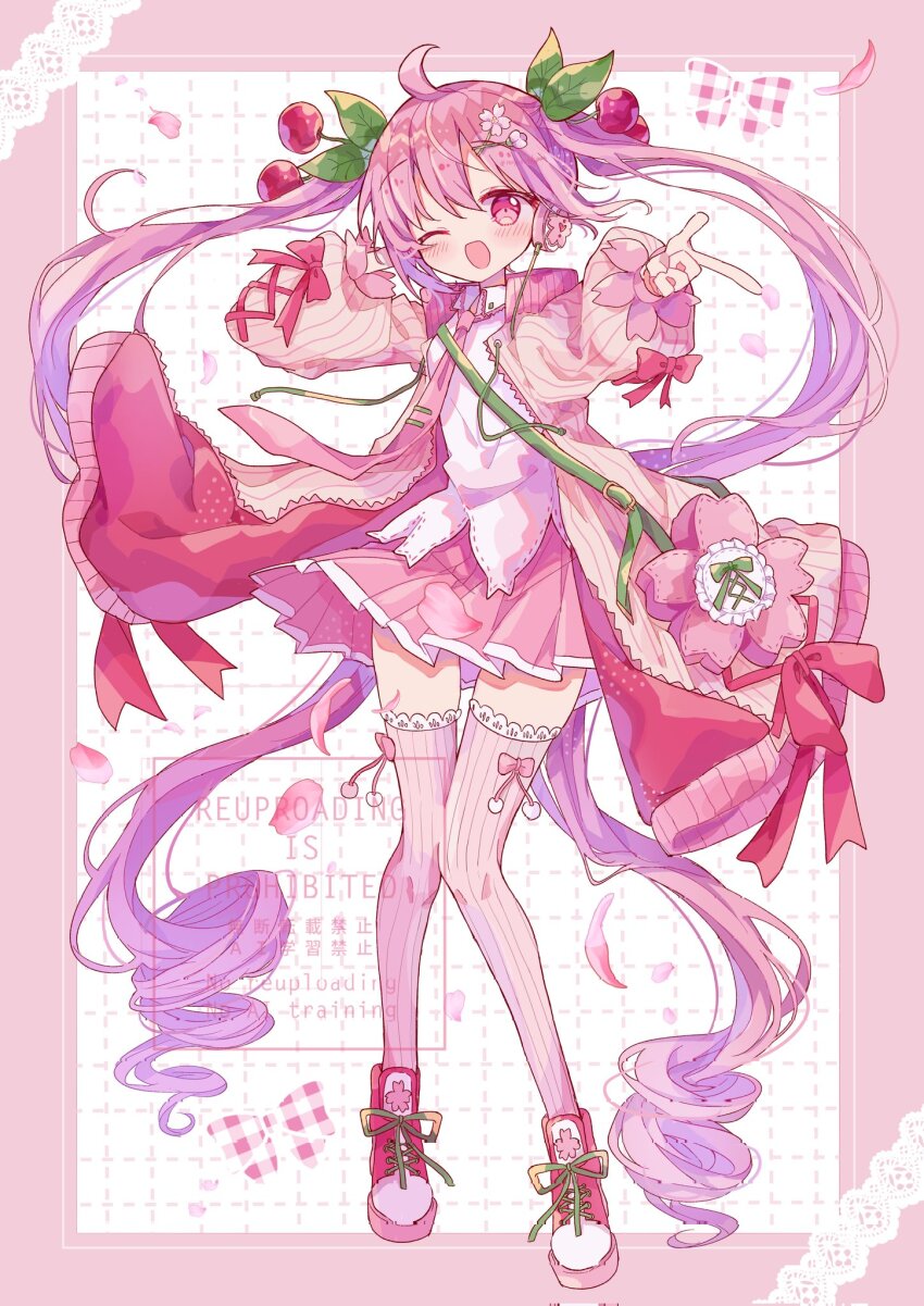 1girl ;d ahoge bag blush border bow cardigan cherry_hair_ornament collared_shirt commentary corrupted_twitter_file flower food-themed_hair_ornament full_body futaba969649 grid_background hair_flower hair_ornament hatsune_miku headset highres leaf_hair_ornament long_hair long_sleeves looking_at_viewer necktie one_eye_closed open_cardigan open_clothes open_mouth outside_border outstretched_arm pink_border pink_cardigan pink_eyes pink_hair pink_necktie pink_skirt pink_thighhighs pleated_skirt red_bow red_shoes sakura_miku shirt shoes shoulder_bag skirt sleeve_bow smile sneakers solo standing symbol-only_commentary thighhighs tie_clip twintails very_long_hair vocaloid watermark white_background white_shirt wing_collar zettai_ryouiki
