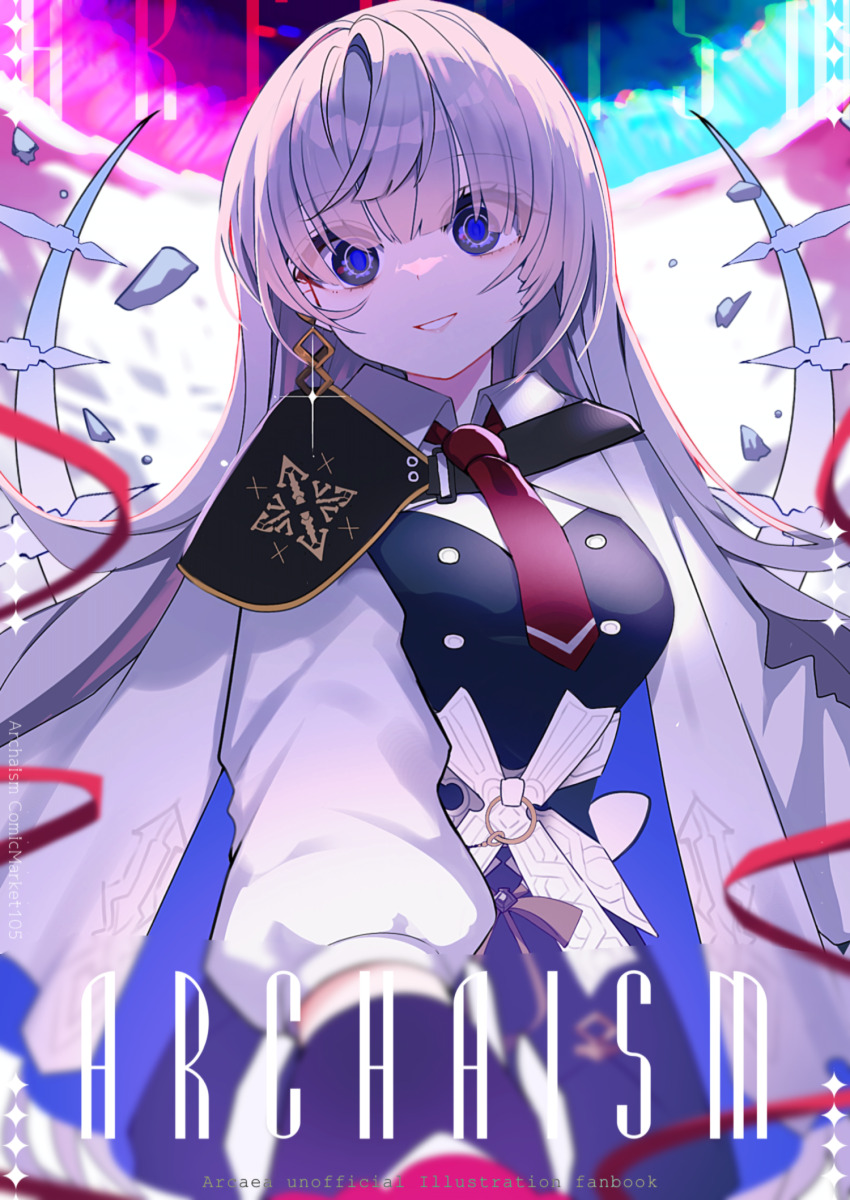 1girl arcaea blonde_hair blue_eyes breasts clover_39 empty_eyes english_text grin highres insight_(arcaea) long_hair long_sleeves looking_at_viewer necktie red_necktie smile solo teeth upper_body