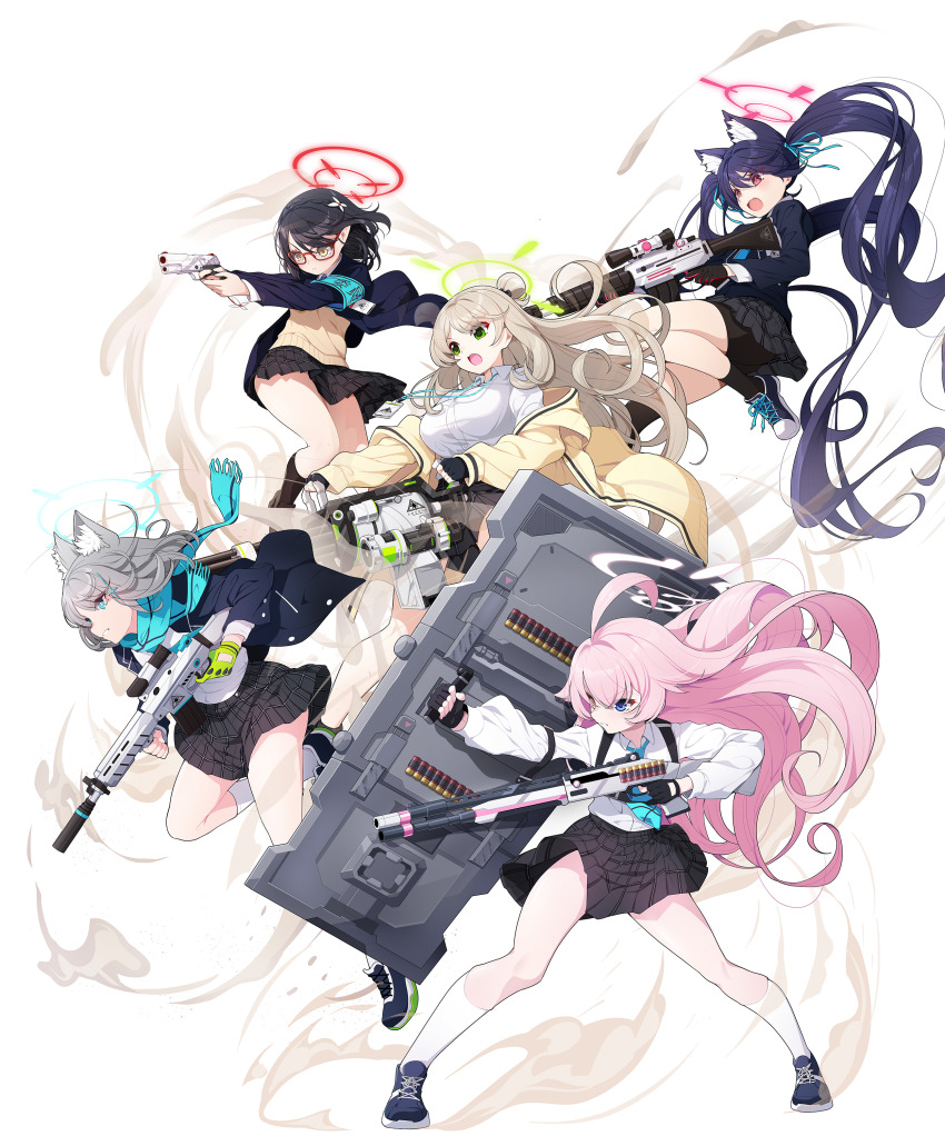 5girls absurdres ahoge aiming animal_ears aqua_armband aqua_scarf armband assault_rifle ayane_(blue_archive) beretta_1301 beretta_ar70/90 bike_shorts bike_shorts_under_skirt black_hair black_skirt blazer blonde_hair blue_archive blue_hair blue_jacket cardigan cat_ears chest_harness commentary_request extra_ears foreclosure_task_force_(blue_archive) gatling_gun grey_hair gun hair_bun halo handgun harness highres holding holding_gun holding_shield holding_weapon hoshino_(blue_archive) jacket koflif long_hair looking_ahead m134_minigun multiple_girls nonomi_(blue_archive) pink_hair pleated_skirt rifle scarf school_uniform serika_(blue_archive) shield shiroko_(blue_archive) shirt sig_p220/p226 sig_sauer_556 simple_background single_side_bun skirt very_long_hair weapon white_background white_shirt yellow_cardigan