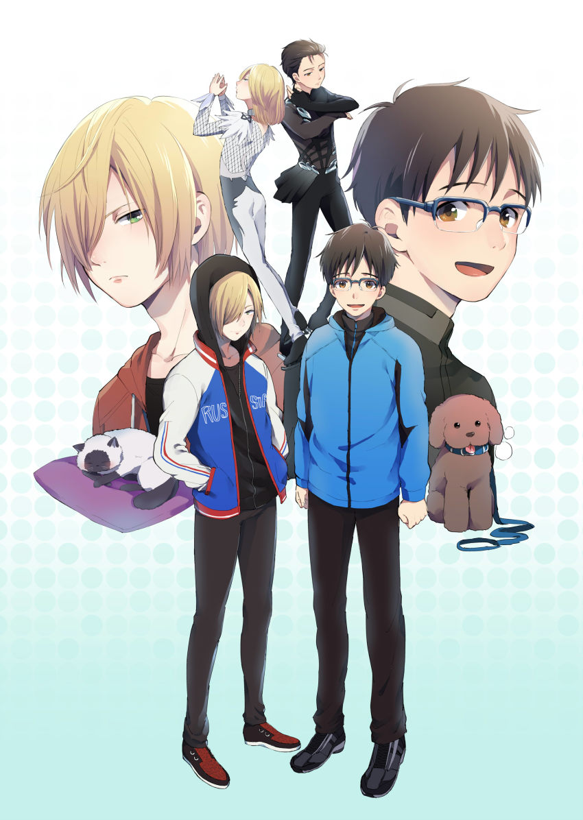 2boys :d absurdres black_hair blonde_hair blue-framed_eyewear bodysuit brown_eyes cat collar daginin dog glasses green_eyes hair_over_one_eye hair_slicked_back hands_in_pockets highres hood hoodie ice_skates jacket katsuki_yuuri leash male_focus multiple_boys multiple_views open_mouth pillow puma_tiger_scorpion skates smile track_jacket vicchan yuri!!!_on_ice yuri_plisetsky