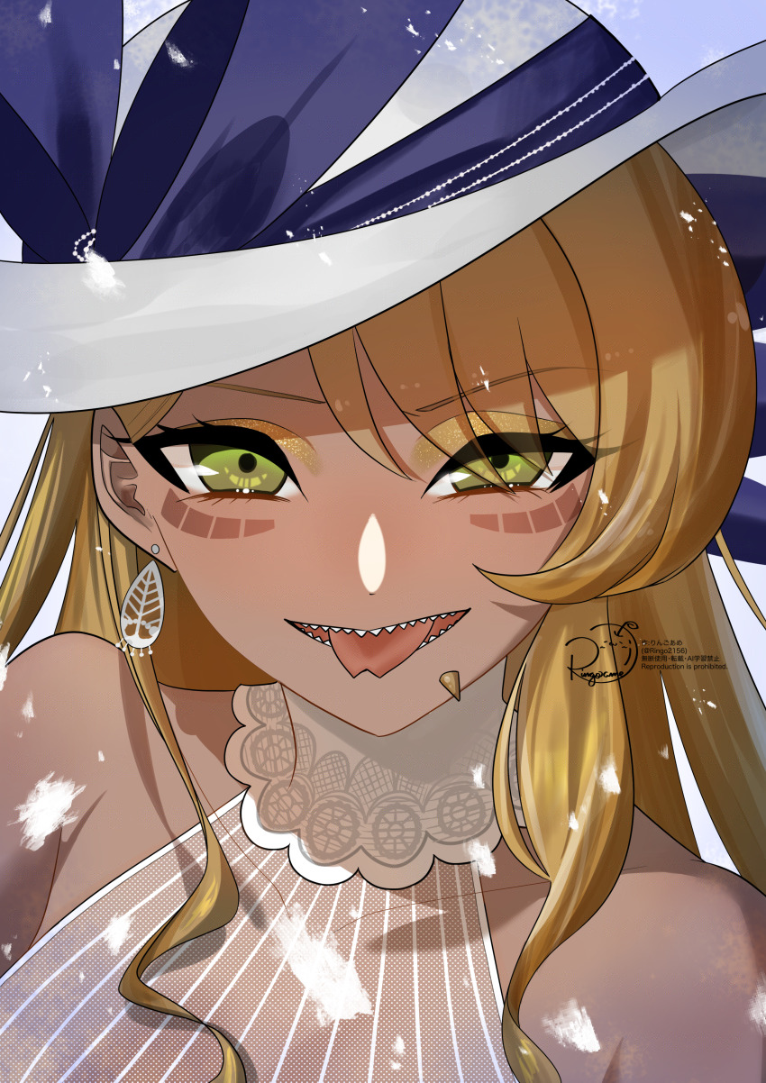 1girl absurdres bare_shoulders blonde_hair body_markings breasts chin_piercing dark-skinned_female dark_skin dragon_girl dragon_horns dress earrings face_piercing facial_mark fate/grand_order fate_(series) grin hair_between_eyes hat highres horns jewelry large_breasts lip_piercing long_hair looking_at_viewer neck_ring open_mouth piercing ringo2156 sharp_teeth side_labret_piercing simple_background smile solo sun_hat swept_bangs teeth tongue tongue_out upper_body vritra_(among_the_nymphaea)_(fate) vritra_(fate) white_background white_dress white_hat yellow_eyes