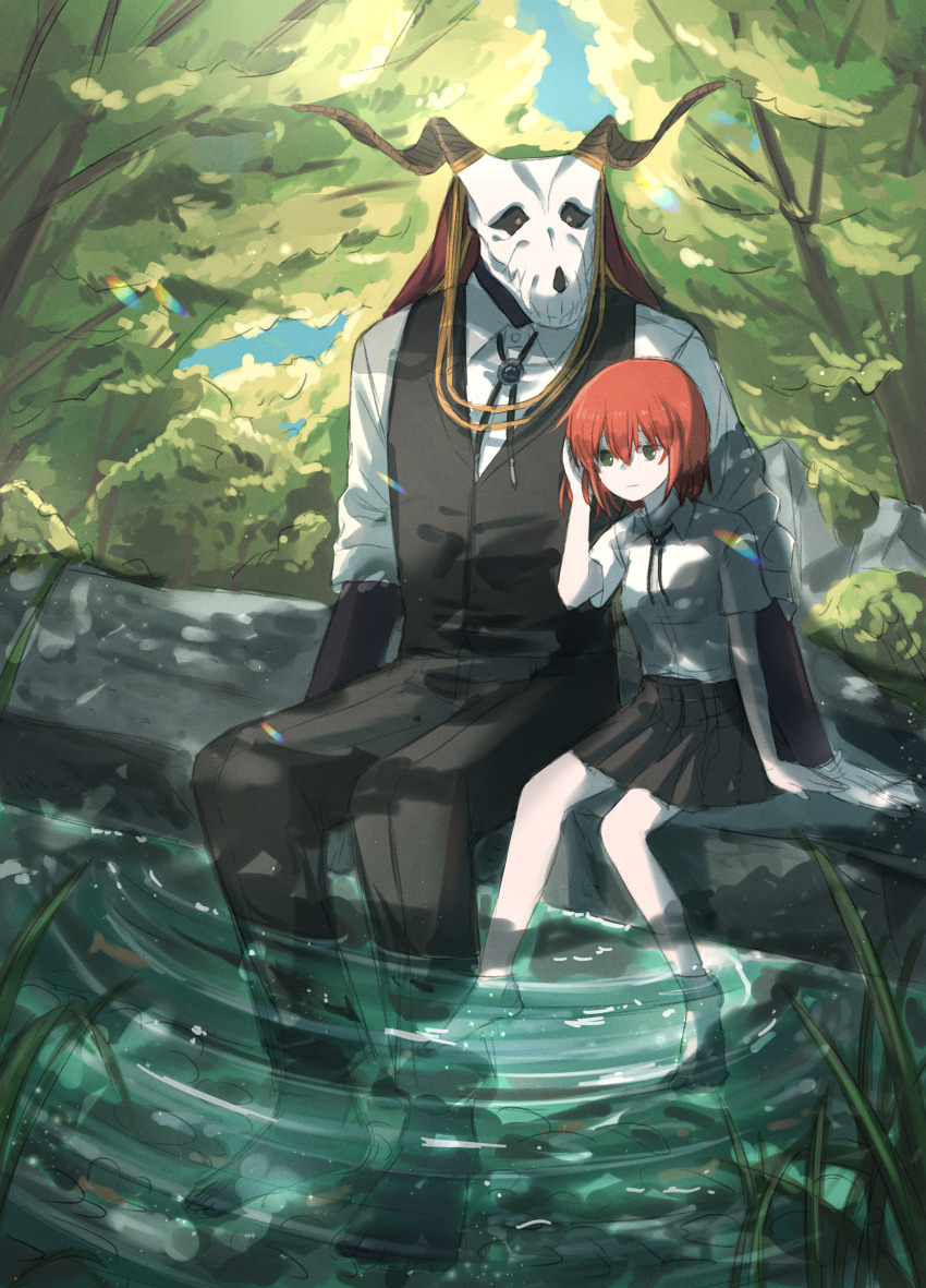 1boy 1girl animal_skull barefoot black_pants black_sclera black_skin black_skirt black_vest bolo_tie colored_sclera colored_skin delfuze elias_ainsworth forest gloves hatori_chise highres horns interspecies mahou_tsukai_no_yome miniskirt nature outdoors pants river sitting skirt skull_head soaking_feet vest white_gloves