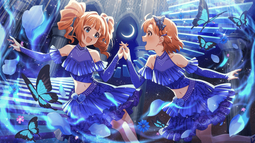 2girls ahoge animal_print blue_eyes bug butterfly butterfly_hair_ornament butterfly_print crescent_moon detached_sleeves floating floating_object floating_stairs flower game_cg hair_ornament holding_hands idolmaster idolmaster_million_live! idolmaster_million_live!_theater_days insect interlocked_fingers magic moon multiple_girls nail_polish navel official_art open_mouth orange_eyes orange_hair petals pillar profile skirt sky sparkle stairs star_(sky) starry_sky takatsuki_yayoi twintails yabuki_kana