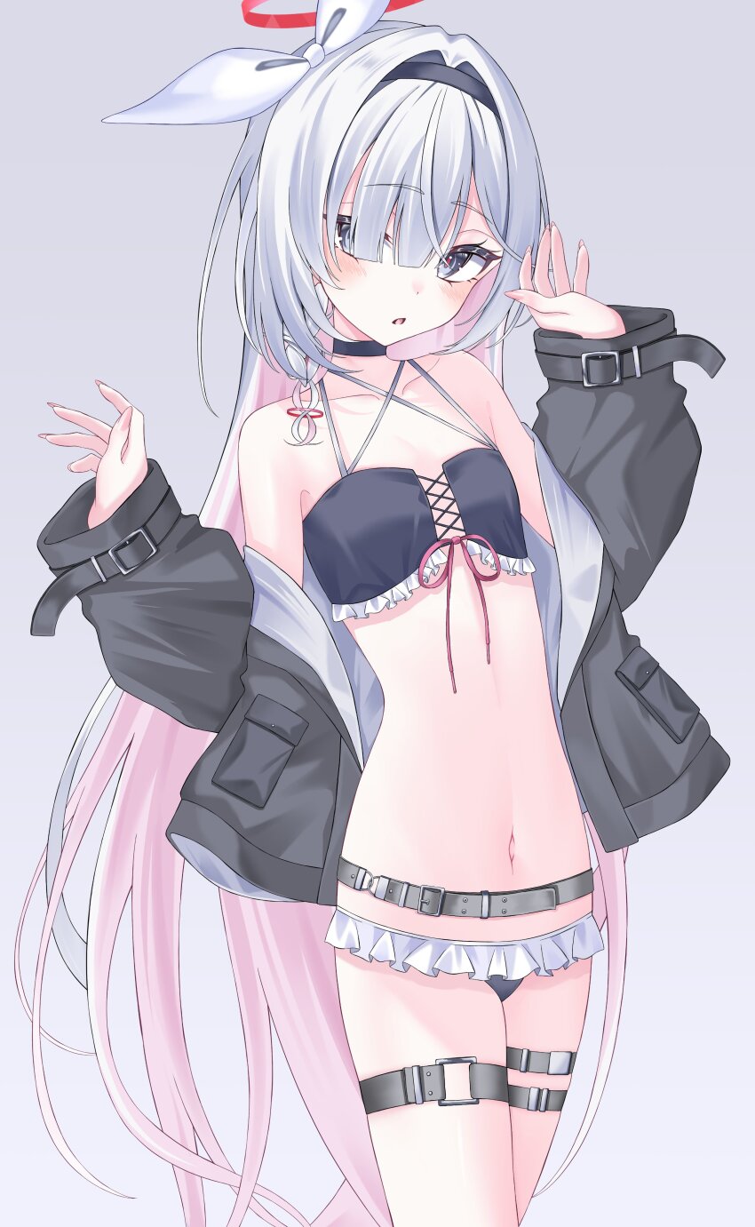 1girl absurdres bare_shoulders belt bikini black_choker black_eyes black_hairband black_jacket blue_archive blush breasts choker collarbone colored_inner_hair commentary frills gradient_background hair_ornament hair_over_one_eye hairband halo halterneck hands_up highres itami_riya jacket loli long_hair long_sleeves looking_at_viewer multicolored_hair navel open_clothes open_jacket pink_halo plana_(blue_archive) red_pupils ribbon small_breasts solo swimsuit thigh_strap translated very_long_hair white_hair white_ribbon