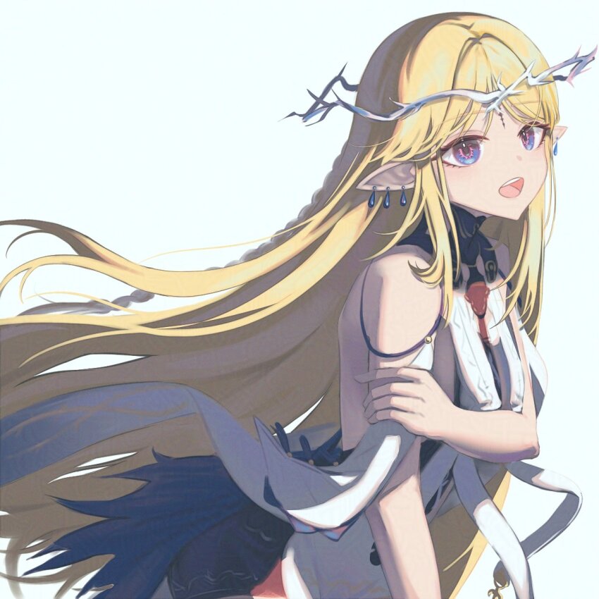 1girl bare_shoulders black_dress blonde_hair blue_eyes breast_curtains breasts cartethyia_(wuthering_waves) commentary cowboy_shot crown_of_thorns dress earrings from_side highres holding_own_arm jewelry long_hair looking_at_viewer nininininil open_mouth pointy_ears short_dress simple_background small_breasts solo tacet_mark_(wuthering_waves) very_long_hair white_background wuthering_waves