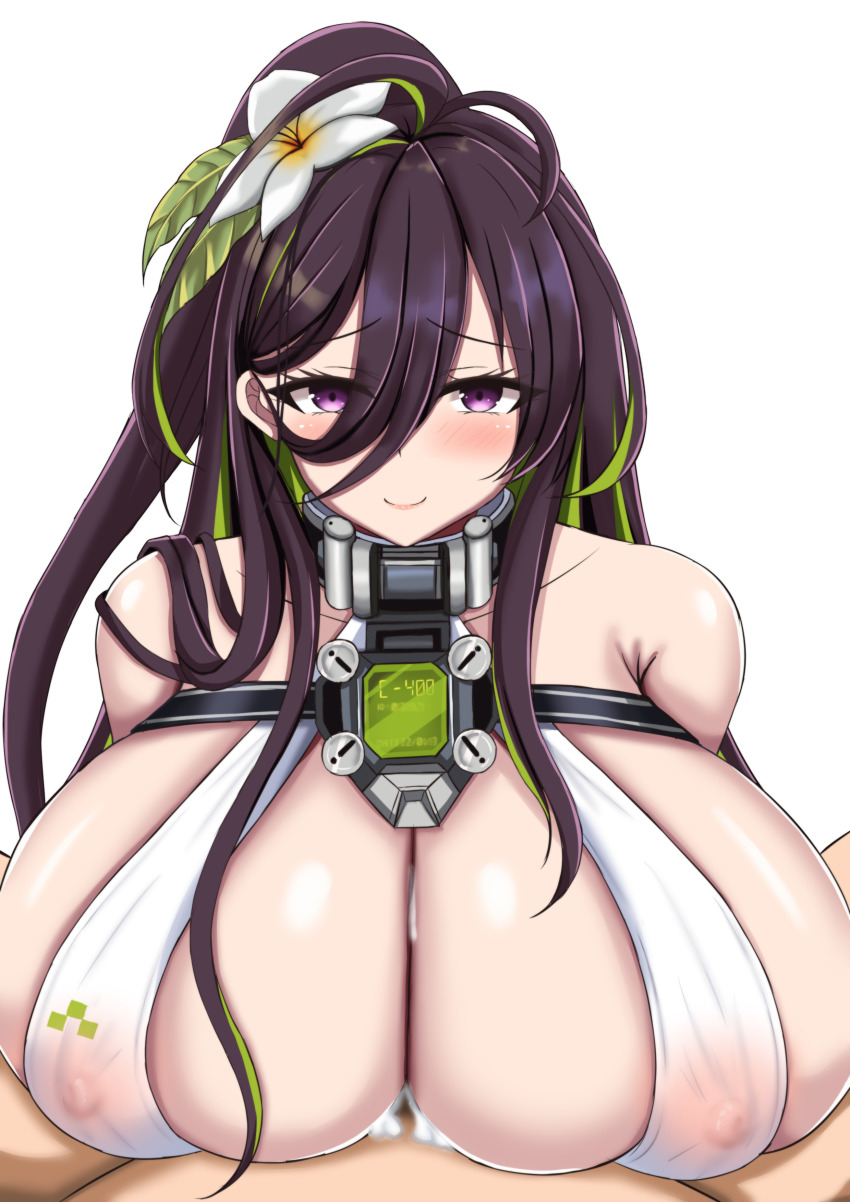 1boy 1girl absurdres arms_behind_back bikini blush breast_rest breasts brown_hair chest_strap closed_mouth clothed_sex commentary covered_erect_nipples cum cum_on_body cum_on_breasts cum_on_upper_body double-parted_bangs eyes_visible_through_hair flower furrowed_brow goddess_of_victory:_nikke green_hair guilty_(nikke) guilty_(wave_of_disbelief)_(nikke) hair_between_eyes hair_flower hair_ornament handsfree_paizuri hetero highres huge_breasts long_hair long_hair_between_eyes looking_at_viewer multicolored_hair official_alternate_costume paizuri ponytail pov purple_eyes restraints shinonome_kon_(sino_kon) sidelocks simple_background slingshot_swimsuit smile solo_focus streaked_hair swimsuit two-tone_hair upper_body white_background white_bikini white_flower white_slingshot_swimsuit