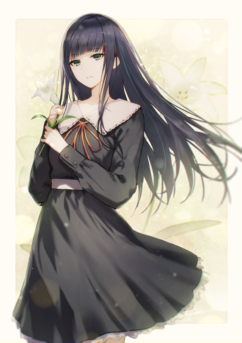 1girl absurdres black_dress black_hair commission cowboy_shot dress floating_hair flower flowers_(innocent_grey) fuyuno_yuuki green_eyes highres holding holding_flower lily_(flower) long_hair orange_ribbon parted_lips pixiv_commission ribbon school_uniform shirahane_suou solo