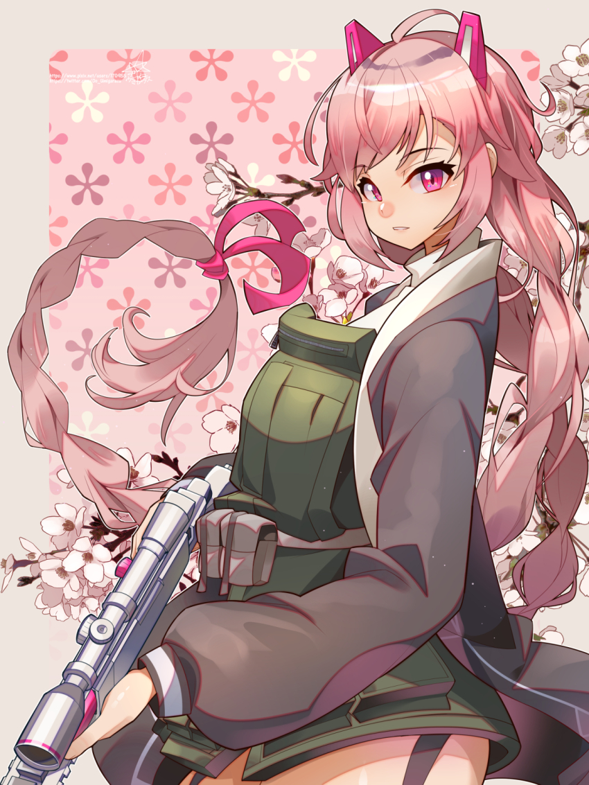 1girl ahoge belt_pouch blush border braid brown_border flower garter_straps gun highres holding holding_gun holding_weapon last_origin long_hair looking_at_viewer miho_(last_origin) outside_border parted_lips pink_eyes pink_hair pixiv_id pouch rifle scope sidelocks signature sniper_rifle solo sweater tactical_clothes turtleneck turtleneck_sweater twin_braids twintails twitter_username umigarasu_(kitsune1963) very_long_hair weapon white_flower