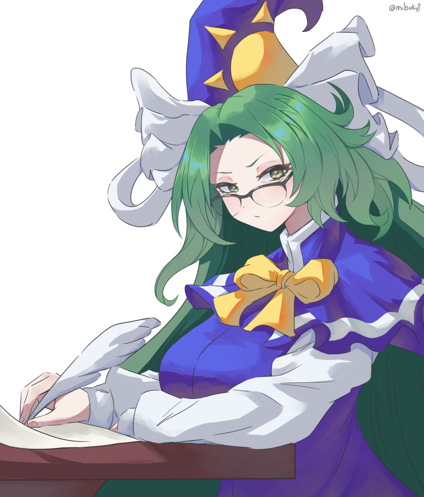 1girl absurdres blue_dress blue_hat bow bowtie dress glasses green_eyes green_hair hat highres holding holding_quill long_hair long_sleeves looking_at_viewer mibukyt mima_(touhou) paper quill shirt solo table touhou twitter_username upper_body very_long_hair white_background white_shirt writing yellow_bow yellow_bowtie