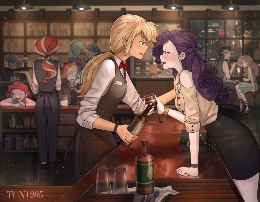 2boys 6+girls alternate_costume animification applejack applejack_(equestria_girls) bag bar_(place) bartender blonde_hair blush bonbon_(equestria_girls) bonbon_(my_little_pony) bow bowtie colored_skin commentary discord_(my_little_pony) english_commentary eye_contact flash_sentry flash_sentry_(equestria_girls) fluttershy fluttershy_(equestria_girls) freckles handbag highres indoors long_hair looking_at_another lyra_heartstrings lyra_heartstrings_(equestria_girls) multiple_boys multiple_girls my_little_pony my_little_pony:_equestria_girls my_little_pony:_friendship_is_magic orange_skin personification pinkie_pie pinkie_pie_(equestria_girls) ponytail purple_hair rainbow_dash rainbow_dash_(equestria_girls) rarity_(equestria_girls) rarity_(my_little_pony) red_bow red_bowtie sunset_shimmer sunset_shimmer_(human) tcn_tancha watermark white_skin window yuri