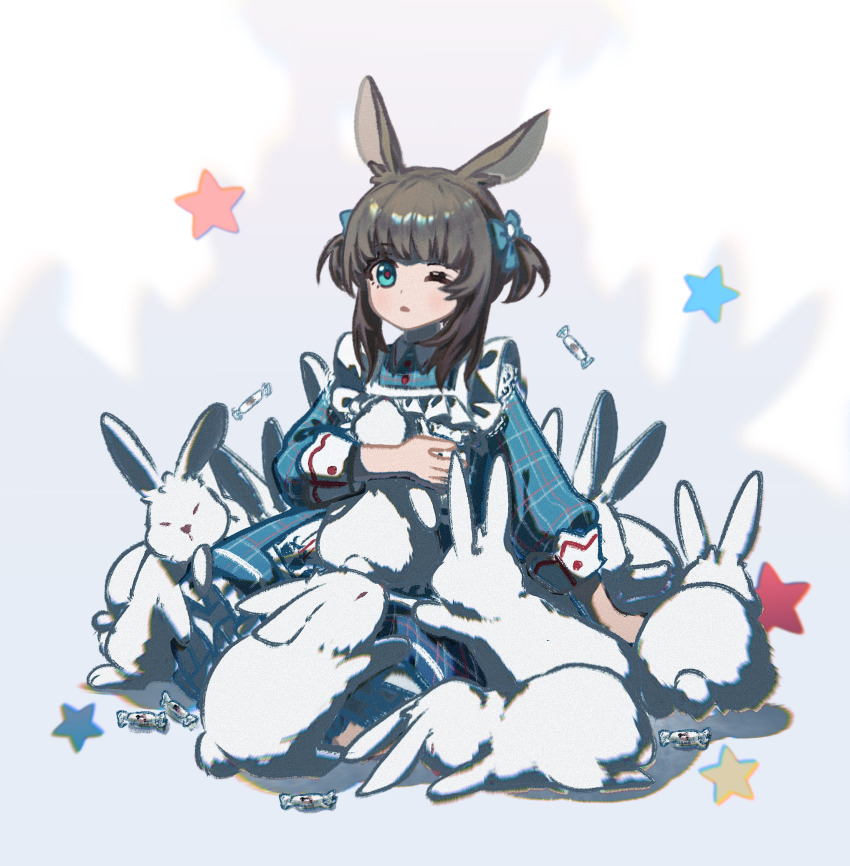 1girl amiya_(arknights) animal animal_ears aqua_eyes arknights blue_dress brown_hair chinese_commentary chromatic_aberration commentary_request dress full_body grey_background highres holding holding_animal huashijie_(medium) jian_(winon05266) long_sleeves looking_at_viewer one_eye_closed open_mouth partial_commentary plaid_clothes plaid_dress rabbit red_pupils short_hair sitting solo star_(symbol)