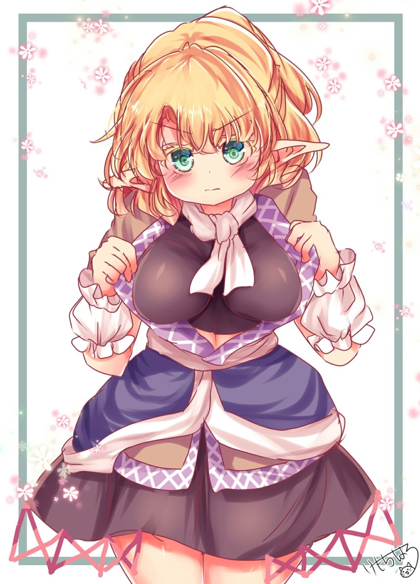 1girl arm_warmers black_skirt black_sports_bra blonde_hair blush breasts breasts_apart brown_shirt cherry_blossoms closed_mouth commentary_request cowboy_shot falling_flower green_eyes high_ponytail highres kemo_chiharu large_breasts looking_at_viewer medium_hair mizuhashi_parsee open_clothes open_shirt pointy_ears ponytail sash scarf shirt short_sleeves signature skirt solo sports_bra touhou v-shaped_eyebrows white_background white_sash white_scarf