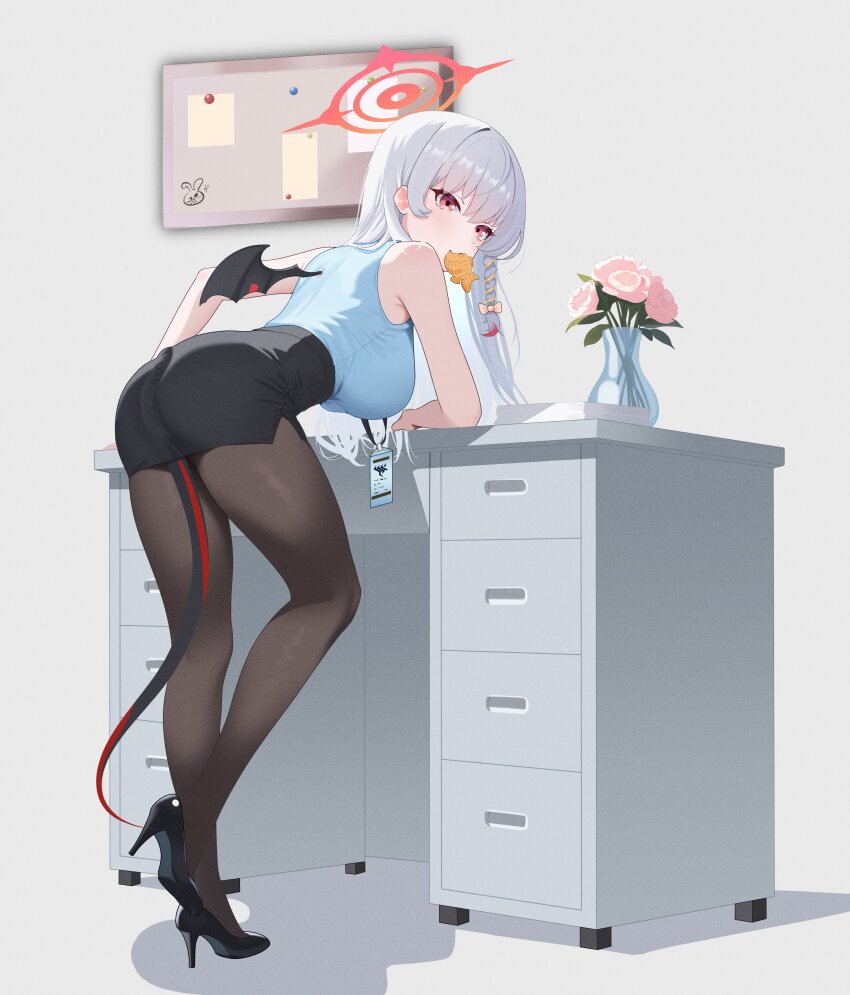 1girl absurdres alternate_costume bent_over black_pantyhose black_wings blue_archive blue_shirt braid breasts commentary_request demon_tail demon_wings desk flower food food_in_mouth full_body grey_background grey_hair halo haruna_(blue_archive) hashtag-only_commentary high_heels highres id_card lanyard leaning_on_object long_hair miniskirt office_lady pantyhose pencil_skirt pink_flower pink_rose red_eyes red_halo rose royalbunny003 shirt single_wing skirt sleeveless sleeveless_shirt solo tail tail_under_clothes taiyaki vase wagashi wings