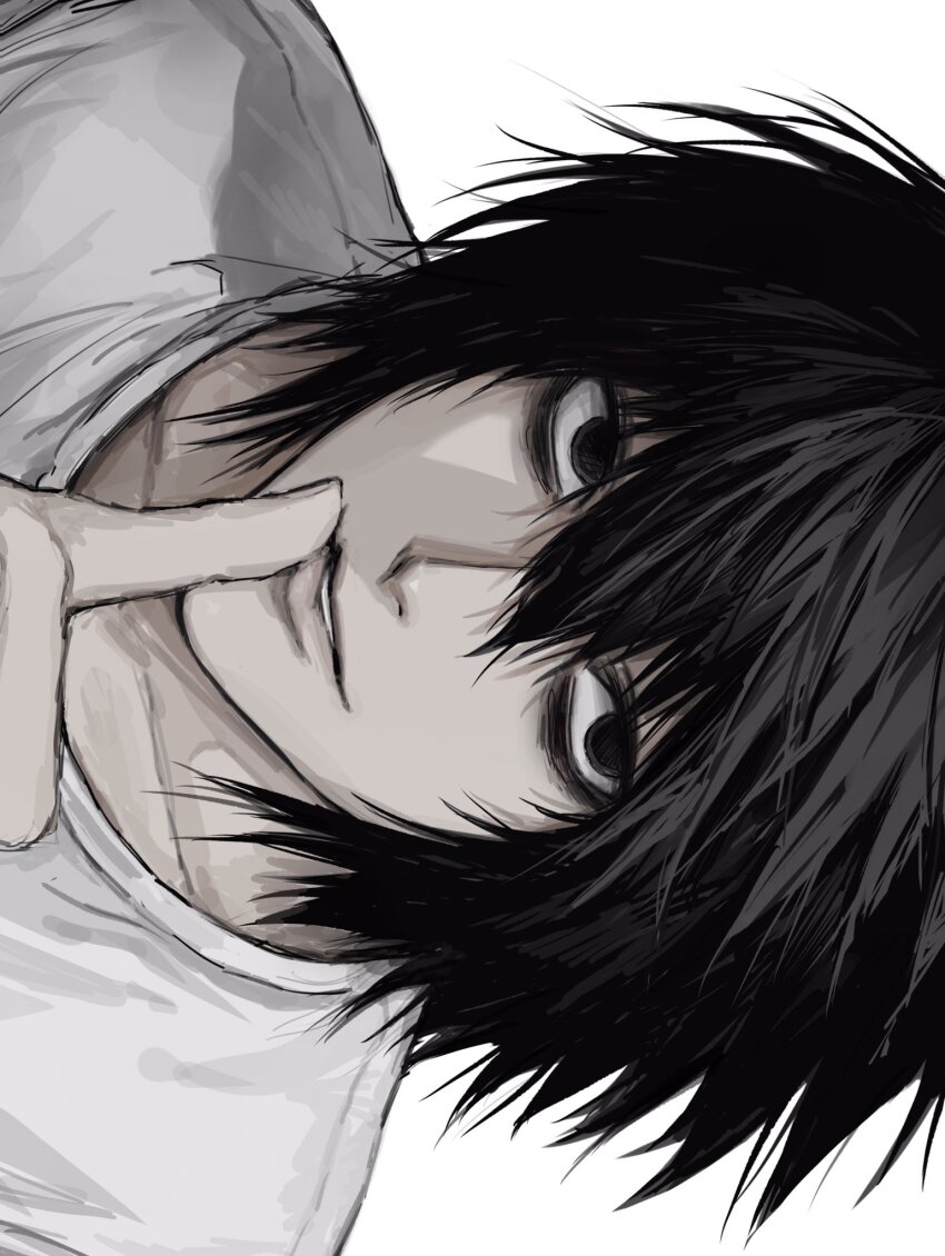 1boy bags_under_eyes black_eyes black_hair collarbone death_note hair_between_eyes highres l_(death_note) light_smile lips looking_at_viewer male_focus nose shirt short_hair sideways simple_background solo sso_s teeth thumb_to_mouth white_background white_shirt