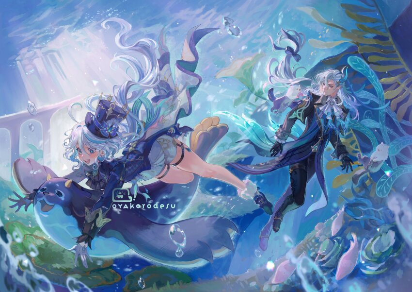 1boy 1girl ahoge air_bubble artist_name ascot birthday black_ascot black_footwear black_gloves black_pants blubberbeast_(genshin_impact) blue_bow blue_brooch blue_coat blue_eyes blue_gemstone blue_hair blue_hat blue_jacket blurry boots bow bubble coat coattails commentary depth_of_field drop-shaped_pupils english_commentary feather_hair_ornament feathers frilled_sleeves frills furina_(genshin_impact) gem genshin_impact gloves hair_between_eyes hair_bow hair_ornament hat heterochromia highres jacket leisurely_otter_(genshin_impact) long_hair long_sleeves looking_at_animal low-tied_long_hair mismatched_pupils multicolored_hair neuvillette_(genshin_impact) open_mouth otter oyakorodesu pants parted_lips pointy_ears purple_eyes seashell seaweed shell shoes shorts sleeve_cuffs smile streaked_hair symbol-shaped_pupils teeth thigh_boots thigh_strap top_hat underwater upper_teeth_only vision_(genshin_impact) water white_ascot white_gloves white_hair white_shorts