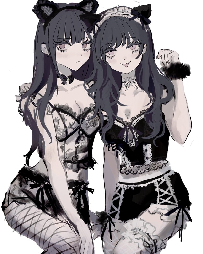 2girls akai_ringo_(eveyuno) animal_ears cat_ears cat_lingerie frills highres lace long_hair looking_at_viewer meme_attire multiple_girls original ribbon sitting tongue tongue_out white_background