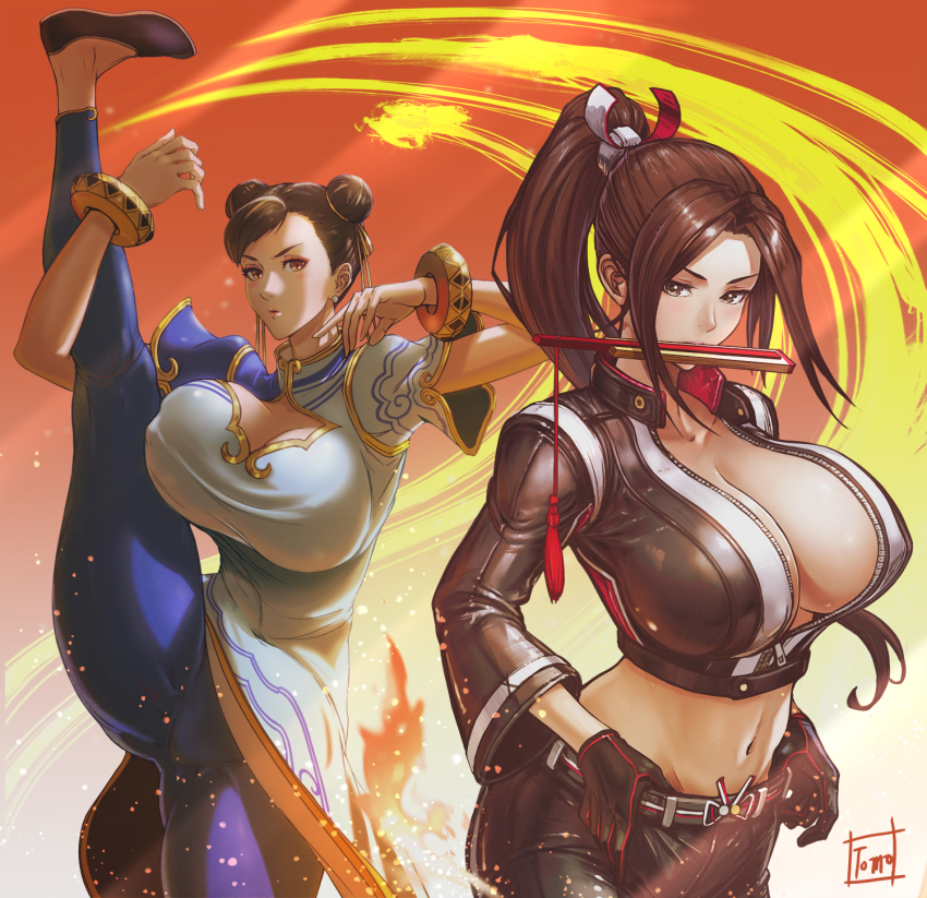2girls artist_name black_gloves black_jacket black_jumpsuit black_pants bracelet breast_zipper breasts brown_eyes brown_hair capcom china_dress chinese_clothes chun-li cleavage coat commentary_request copyright_name crop_top cropped_jacket crossover double_bun dress fatal_fury fatal_fury:_city_of_the_wolves female_focus fighting_stance flexible folded_fan folding_fan four_tips_to_improve_your_girl_power_(meme) gloves bad_tag bad_tag hair_bun hand_fan high_ponytail highres holding holding_fan jacket jewelry jumpsuit large_breasts leather leather_pants leg_hold long_hair looking_at_viewer matching_hair/eyes mouth_hold multiple_girls navel no_bra official_alternate_costume pants pelvic_curtain ponytail print_jacket shiranui_mai short_hair simple_background snk spandex street_fighter street_fighter_6 thick_thighs thighs tomo_eokaiteru yoga_pants