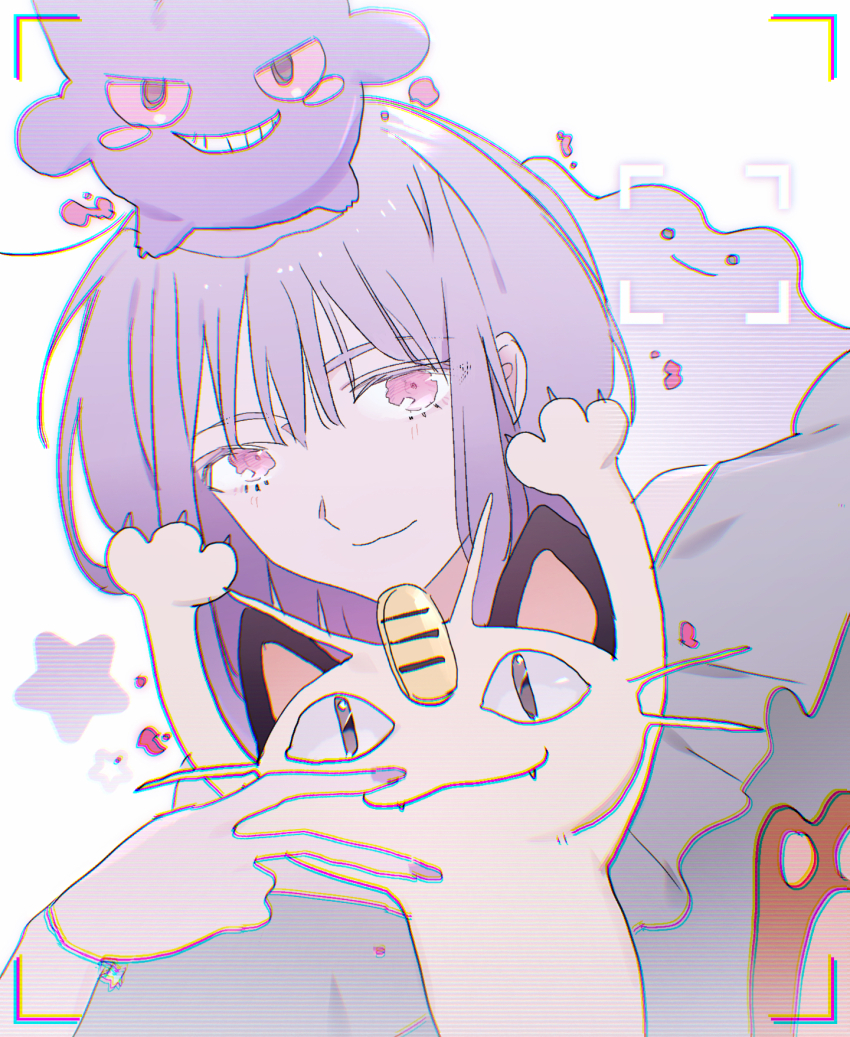 1girl bang_dream! bang_dream!_it&#039;s_mygo!!!!! character_request chromatic_aberration closed_mouth commentary grey_shirt highres looking_at_viewer nintendo pink_eyes pokemon pokemon_(creature) purple_hair reiboubyou shirt short_hair simple_background upper_body white_background yuutenji_nyamu