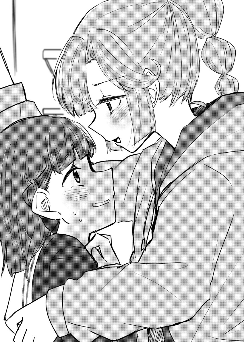 2girls :d ahoge anyoji_hime blunt_bangs blurry blurry_background bow braid center-flap_bangs commentary_request dress eye_contact fanfiction_available greyscale grin hair_bow hasu_no_sora_school_uniform highres hood hooded_jacket indoors jacket kabedon kachimachi_kosuzu link!_like!_love_live! long_hair long_sleeves looking_at_another love_live! monochrome multi-tied_hair multiple_girls namazakana_kuenai nervous_smile open_clothes open_jacket open_mouth ponytail profile sailor_collar sailor_dress school_uniform side_braids sidelocks smile sweat swept_bangs upper_body virtual_youtuber winter_uniform yuri
