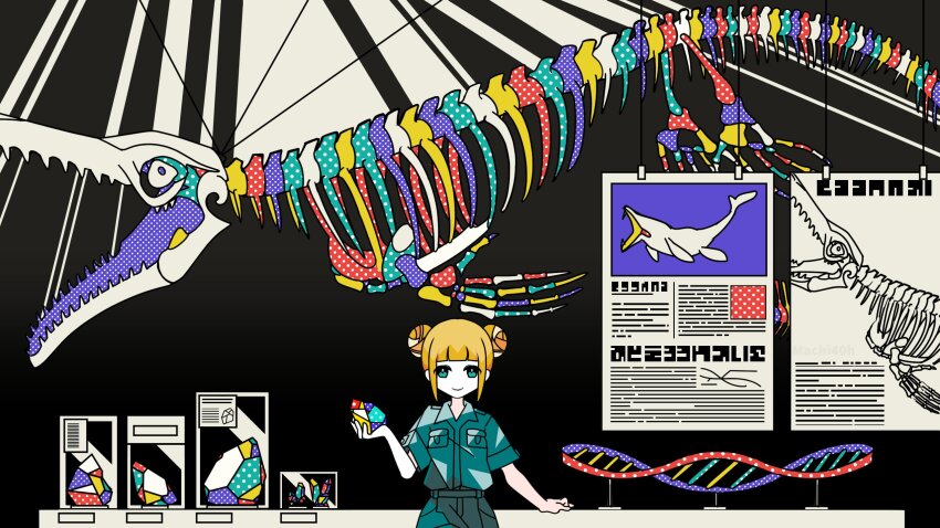 1girl animal_skeleton aqua_eyes aqua_shirt blonde_hair blunt_bangs breast_pocket closed_mouth collared_shirt colored_skin colorful commentary_request dinosaur dinosaur_skeleton display_case dna double_bun double_helix fossil hair_bun halftone hand_up highres holding holding_rock indoors light_rays limited_palette looking_at_viewer machigami_yoh mosasaurus museum original pocket rock shirt short_hair short_sleeves sidelocks sign smile solo standing straight-on uniform upper_body white_skin wide_shot