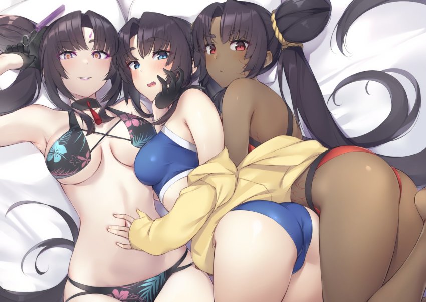3girls ass bare_shoulders bikini black_bikini black_hair blue_bikini blue_eyes breasts cleavage collarbone dark-skinned_female dark_skin facial_mark fate/grand_order fate_(series) forehead_mark grin hair_bun jacket long_hair long_sleeves looking_at_viewer medium_breasts multicolored_eyes multiple_girls multiple_persona navel orange_eyes parted_bangs pinta_(ayashii_bochi) purple_eyes purple_lips red_bikini red_eyes side_bun side_ponytail sidelocks single_hair_bun single_side_bun smile swimsuit taira_no_kagekiyo_(fate) taira_no_kagekiyo_(pinky_beach)_(fate) thighs ushiwakamaru_(corrupted)_(fate) ushiwakamaru_(fate) ushiwakamaru_(swimsuit_assassin)_(fate) ushiwakamaru_(swimsuit_assassin)_(first_ascension)_(fate) very_long_hair yellow_jacket