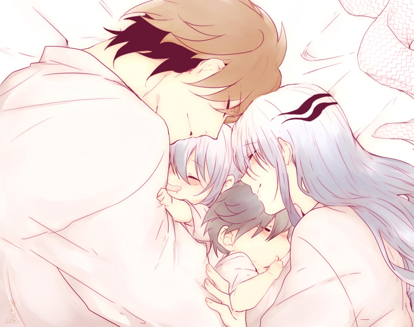 2boys 2girls bad_id bad_pixiv_id black_hair blue_hair blush brown_hair child closed_eyes closed_mouth clothes_grab eyes_visible_through_hair family finger_in_own_mouth hair_between_eyes hand_on_another&#039;s_arm japanese_clothes kasugaya_yuki kimono long_hair long_sleeves lying multicolored_hair multiple_boys multiple_girls nura_rikuo nurarihyon_no_mago oikawa_tsurara on_back on_side open_mouth patterned patterned_hair print_scarf scarf short_hair simple_background sleeping smile two-tone_hair upper_body very_long_hair white_hair yuki_onna_(nurarihyon_no_mago)