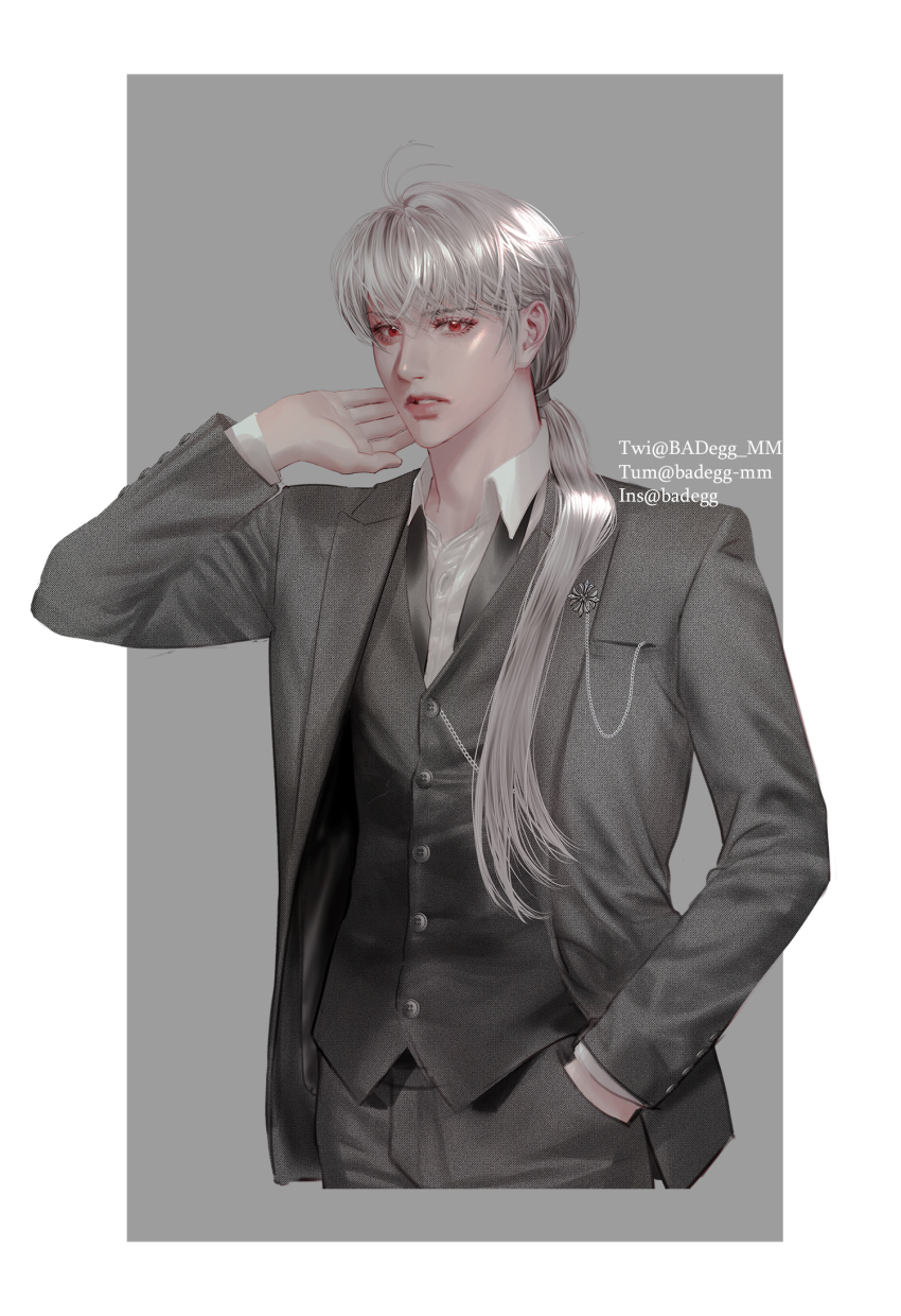 1boy badegg-mm black_necktie border breast_pocket buttoned_cuffs buttons chain collared_shirt commentary_request cowboy_shot cowlick cropped_legs formal_clothes grey_hair grey_pants grey_suit hand_in_pocket highres instagram_username jacket korean_commentary lapel_pin lapels long_hair low_ponytail male_focus necktie pants pocket ponytail red_eyes shirt solo suit suit_jacket susanghan_messenger tumblr_username twitter_username undone_necktie vest waistcoat white_border white_shirt zen_(susanghan_messenger)