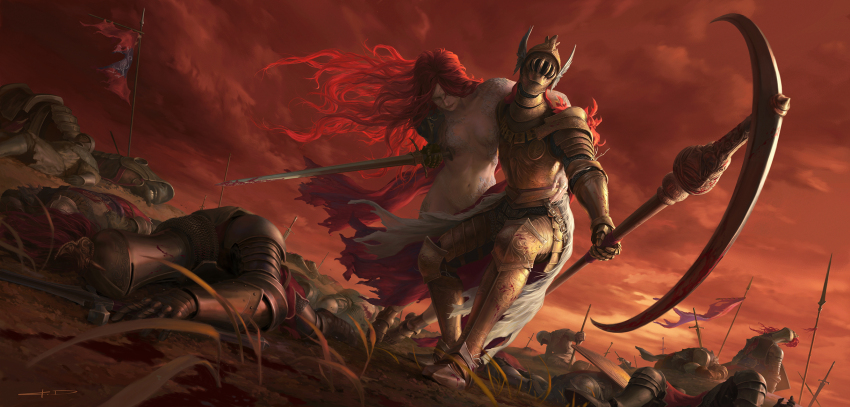 2girls 6+others amputee arm_around_shoulder armor banner battle_standard battlefield blood bloody_weapon breastplate cape cleanrot_knight_finlay cloud commentary corpse covered_face elden_ring english_commentary facing_viewer faulds full_armor gauntlets gorget greaves helmet highres holding holding_sword holding_weapon leaning_on_person long_hair malenia_blade_of_miquella missing_limb mixed-language_commentary multiple_girls multiple_others navel nude outdoors pauldrons polearm realistic red_cape red_hair red_sky scar scar_on_arm scar_on_chest scenery shoulder_armor signature sky spear stanton_feng sword torn_cape torn_clothes torn_flag walking war_banner weapon wind winged_helmet