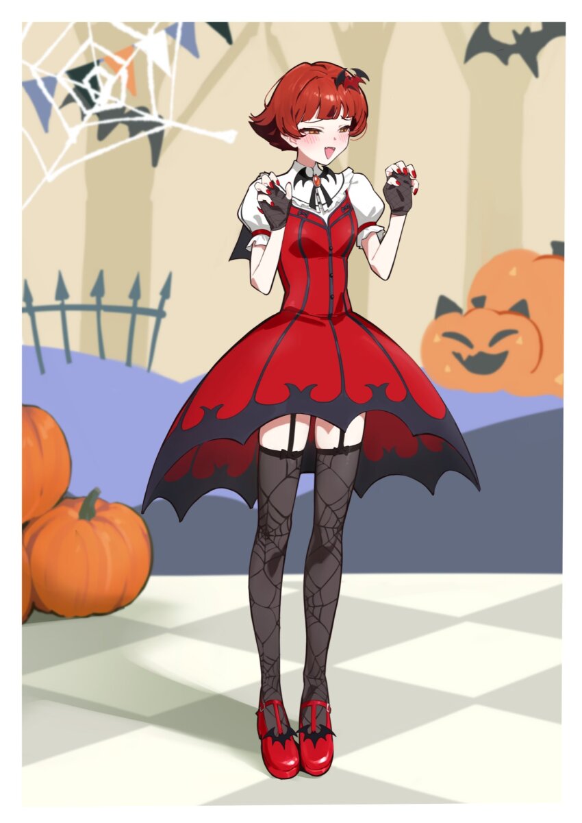 1girl animal_print bat_brooch bat_hair_ornament black_thighhighs blush breasts claw_pose dress fangs fingerless_gloves fingernails fishnet_gloves fishnets full_body garter_straps gloves hair_ornament half-closed_eyes highres idolmaster idolmaster_million_live! idolmaster_million_live!_theater_days jack-o&#039;-lantern my_dear_vampire_(idolmaster) nail_polish nonohara_akane official_alternate_costume open_mouth print_thighhighs puffy_short_sleeves puffy_sleeves red_dress red_hair red_nails red_shoes shoes short_hair short_sleeves solo spider_print standing thighhighs white_sleeves yabukara