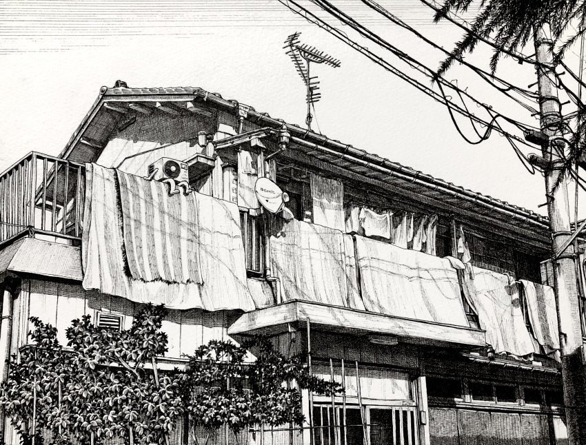 absurdres air_conditioner balcony building door greyscale highres house ibsukionsen monochrome no_humans original plant power_lines radar_dish radio_antenna railing scenery tsukumogami utility_pole vent_(object) vines window