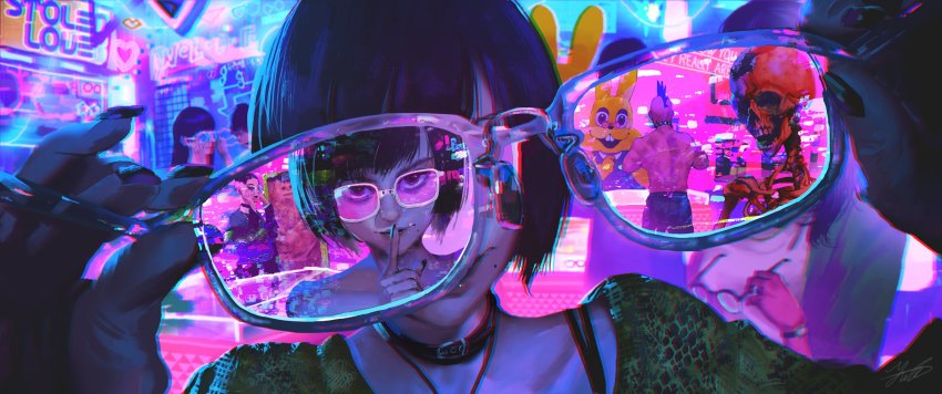 2boys 3girls augmented_reality black_nails bob_cut choker chromatic_aberration cyberpunk finger_to_mouth glasses highres jewelry lipstick looking_at_viewer makeup mascot_costume mohawk mole mole_under_mouth multiple_boys multiple_girls nail_polish necklace neon_lights original pov purple-tinted_eyewear science_fiction shushing sign skeleton skull smile tinted_eyewear topless_male undercut unworn_eyewear watch wristwatch yuta_kawakami