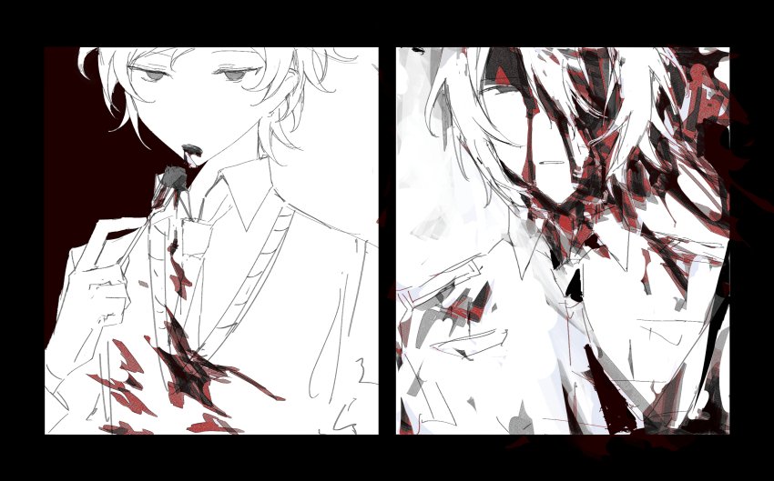 2boys black_border blood blood_on_clothes blood_on_face border chinese_commentary collared_shirt commentary commentary_request danganronpa_another danganronpa_another:_another_despair_academy eating english_commentary fork greyscale hair_between_eyes half-closed_eye half-closed_eyes highres holding holding_fork implied_cannibalism injury kinjou_tsurugi korean_commentary lying maeda_yuki male_focus messy_hair mixed-language_commentary monochrome multiple_boys necktie on_back parted_lips pocket police police_uniform shirt short_hair shoulder_pads spot_color sutoroboraito sweater_vest upper_body v-neck