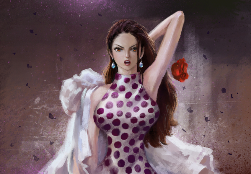 1girl arm_up black_hair brown_eyes commentary_request dress earrings flower highres jewelry lips ljjshmhday long_hair looking_at_viewer one_piece open_mouth polka_dot polka_dot_dress red_flower sleeveless sleeveless_dress solo teeth viola_(one_piece)