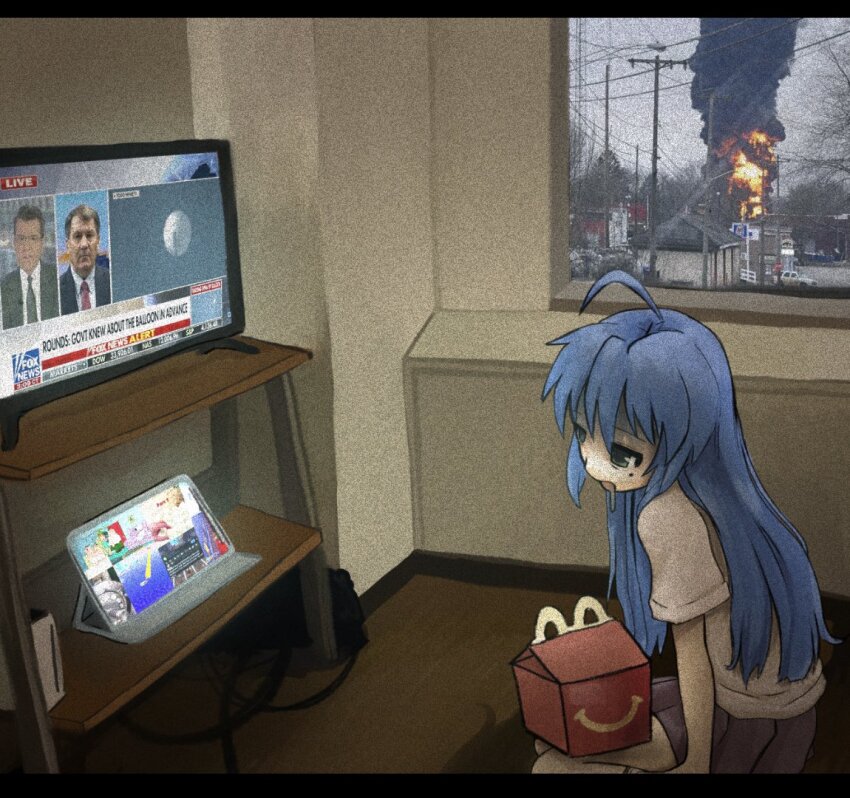 1girl ahoge blue_hair brian_griffin commentary drooling english_commentary family_guy fire fox_news game_console green_eyes happy_meal indoors ipad izumi_konata letterboxed lois_griffin long_hair lucky_star mcdonald&#039;s mole mole_under_eye mouth_drool peter_griffin real_life reddit shirt sitting skirt solo subway_surfers tablet_pc television white_shirt wii window zoolpal